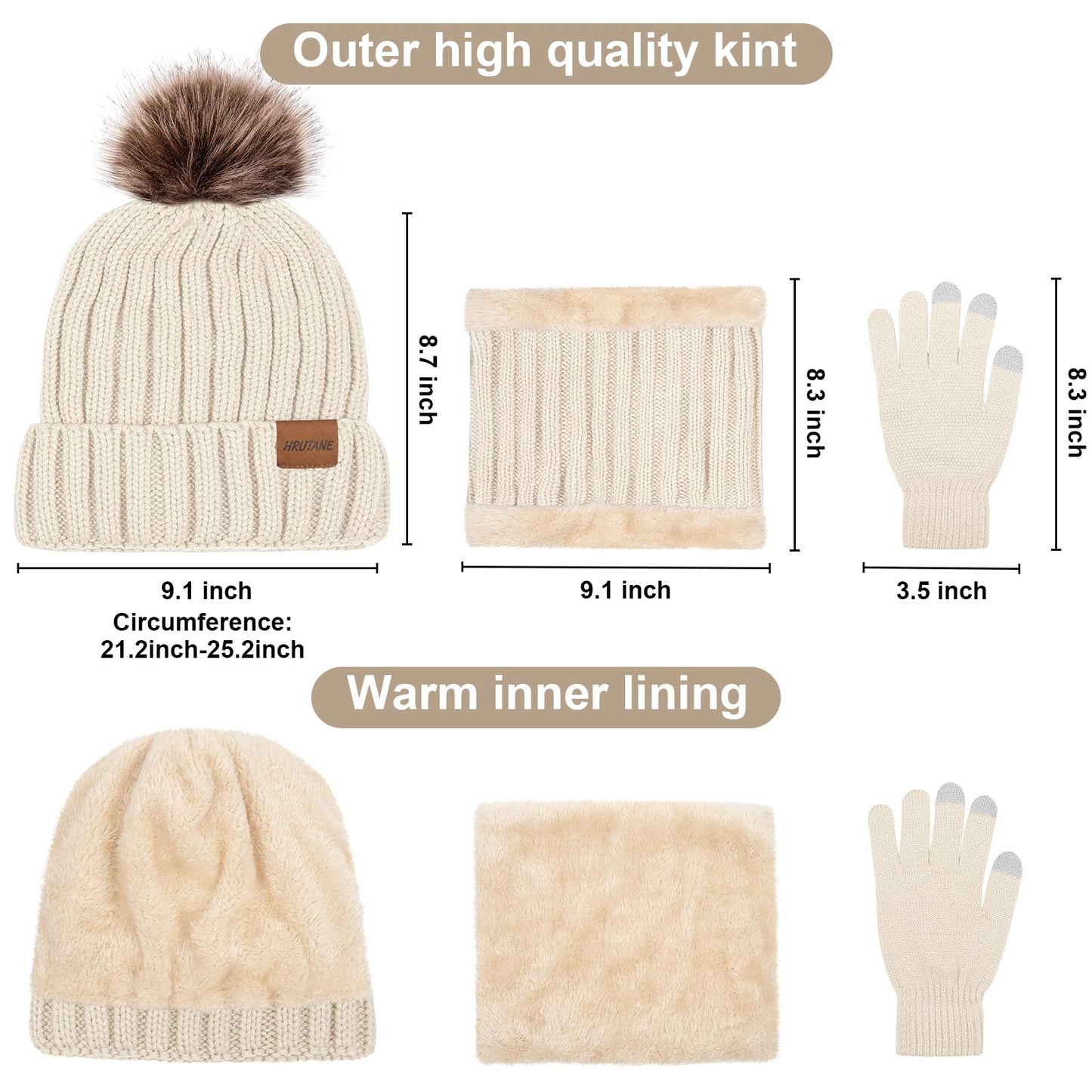 3 Pcs Winter Hat Scarf and Gloves Set for Women, Warm Knit Fleece Lined Beanies Neck Warmer Touchscreen Gloves, Stripe 02- Beige