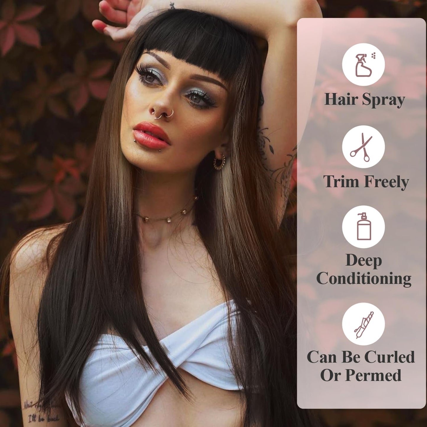 WIGER Straight Dark Brown Wigs with Bangs for Women Highlighted Ombre Long Straight Hair Wig Black-Blonde-Brown Long Wigs with Highlights Middle Part Synthetic Three-tone Hair For Party or Daily
