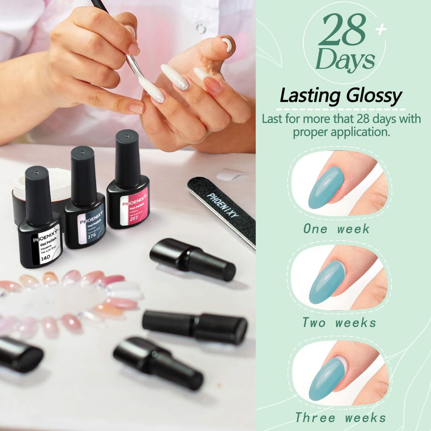 PHOENIXY Gel Nail Polish Kit with U V Light 48W, 56 Pcs 108 Effect Gel Nail Polish Set Base Glitter Top Coat Gel Nail Kit Manicure Tools Gifts for Women