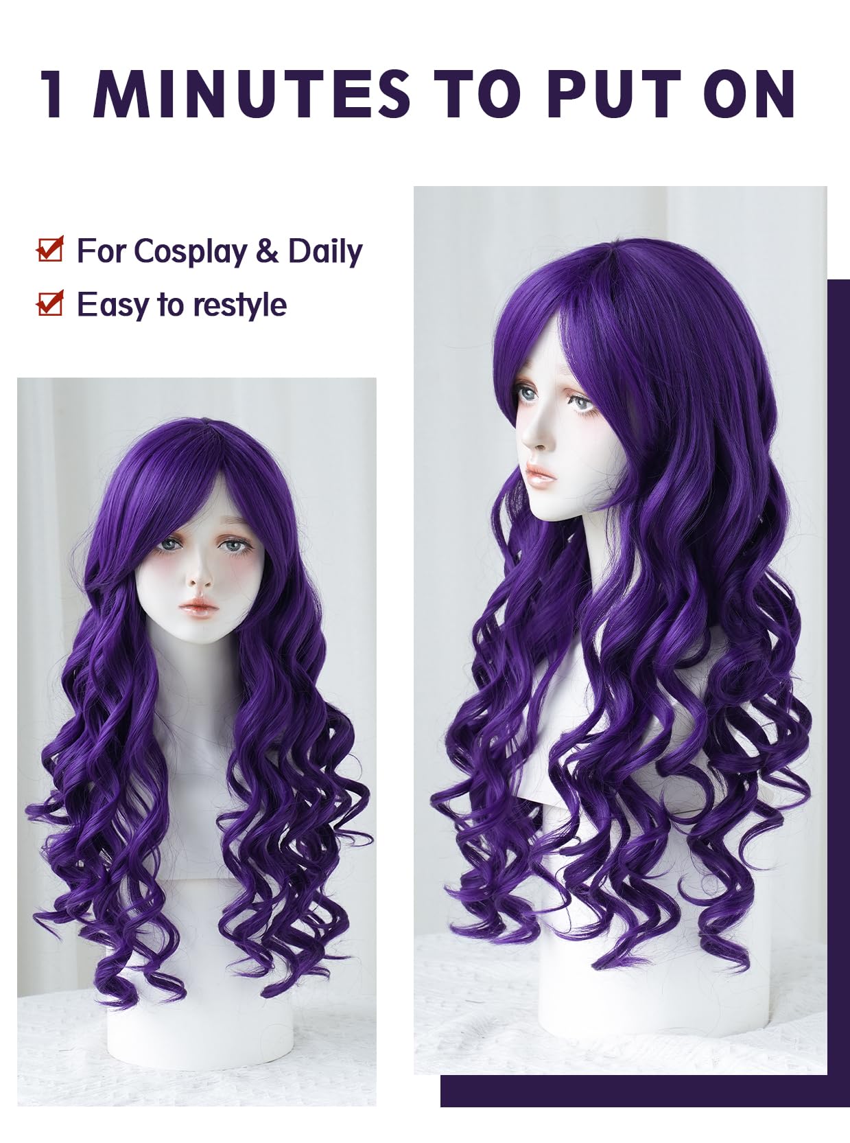 7JHH WIGS Long Wavy Costume Wigs Cosplay Mermaid Dark Purple Wig for Women Halloween Party Used High Temperature Heat Resistant Fiber Natural Hairline Cos Wig