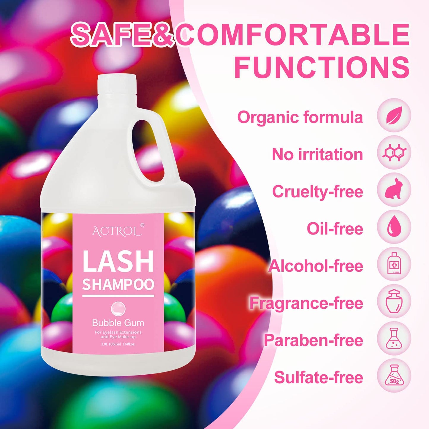 ACTROL Eyelash Extension Cleanser Gallon Bubble Gum 3.8L Natural Lash Extension Shampoo Professional Eyelid Foaming Cleanser Paraben & Sulfate Free Non-lrritating with Salon and Home Care
