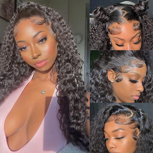 13x6 Deep Wave Lace Front Wigs Human Hair HD Lace Frontal Wigs Human Hair for Black Women Glueless Curly Lace Front Wig Pre Plucked with Baby Hair 150% Density (Natural Color, 20 inch)