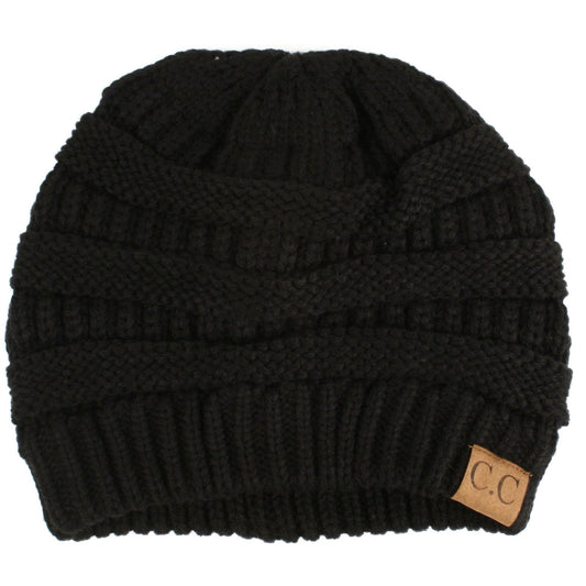 C.C Fleeced Fuzzy Lined Unisex Chunky Thick Warm Stretchy Beanie Hat Cap Solid Black by SK Hat Shop