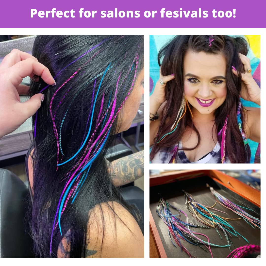Hair Feathers and Tool Kit, Pink, Purple and Turquoise Feather Extensions with Beads, loop tool and pliers