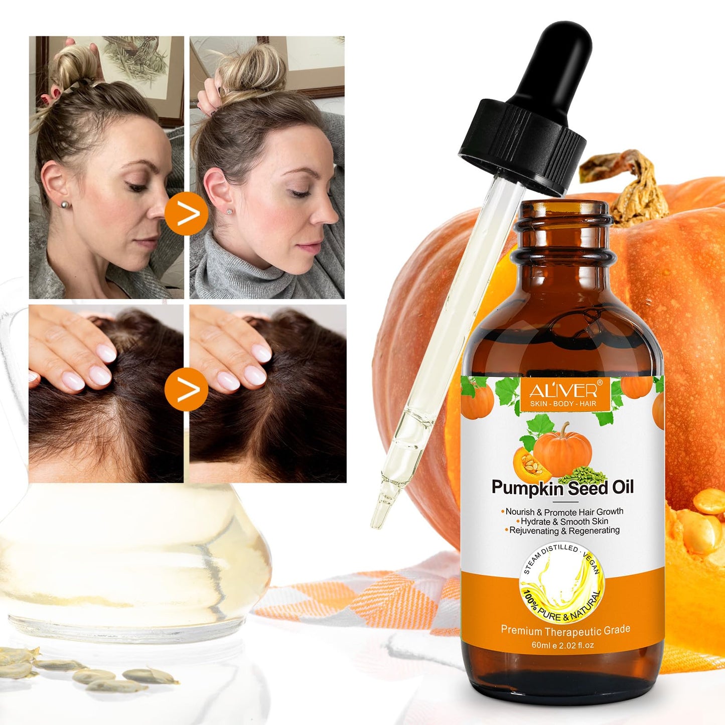 Pumpkin Seed Oil 2 Pack, Pure Cold Pressed Pumpkin Seed Oil for Dry Damaged Hair Growth, Moisturizing Scalp, Nourishment for All Hair Types