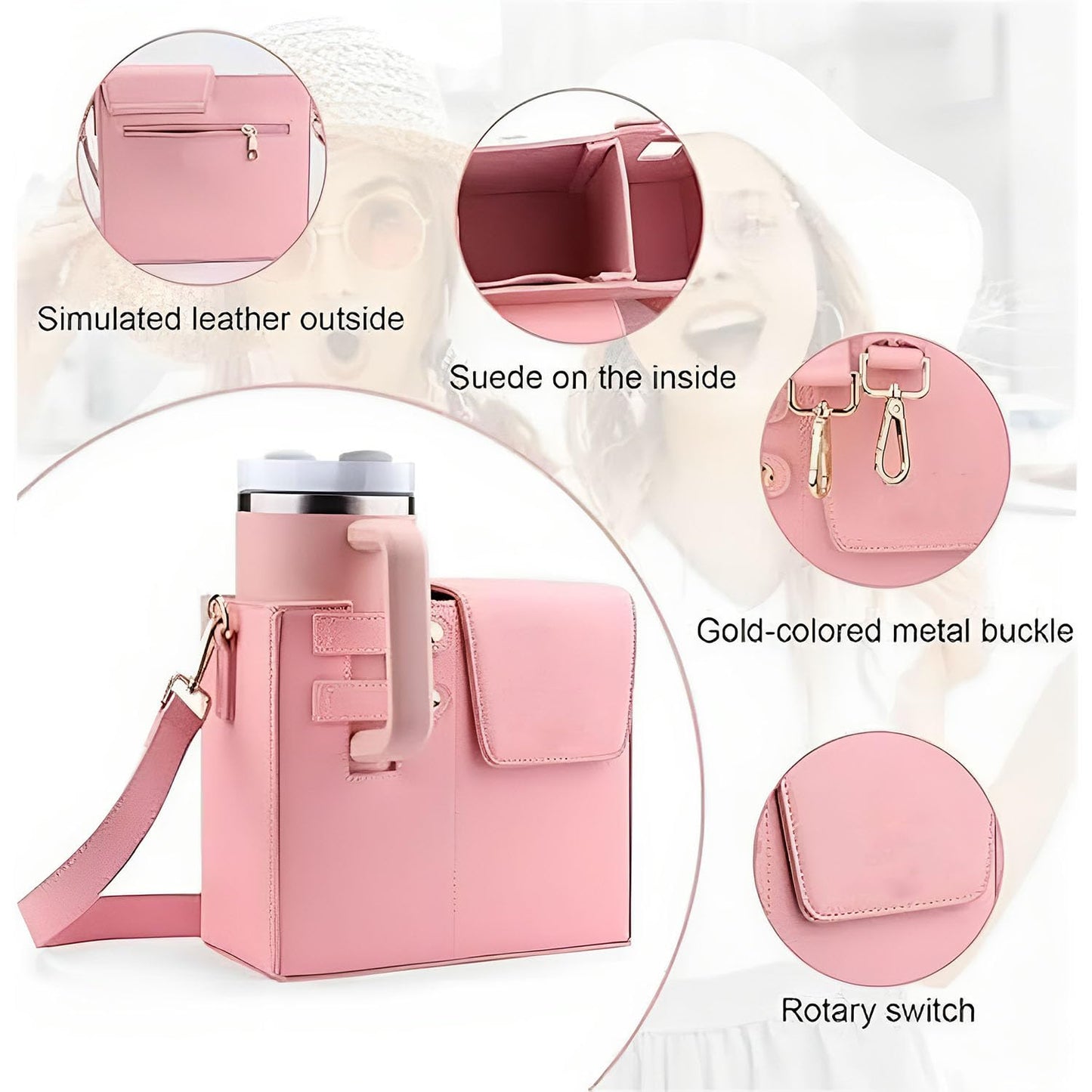 Outdoor Portable Crossbody Water Cup Storage Bag,Crossbody Cup Holder Bag,Crossbody Bag With Water Bottle Holder,for Stanley Purse Cup Holder Bag,Leather Water Bottle Bag With Adjustable Strap (Pink)