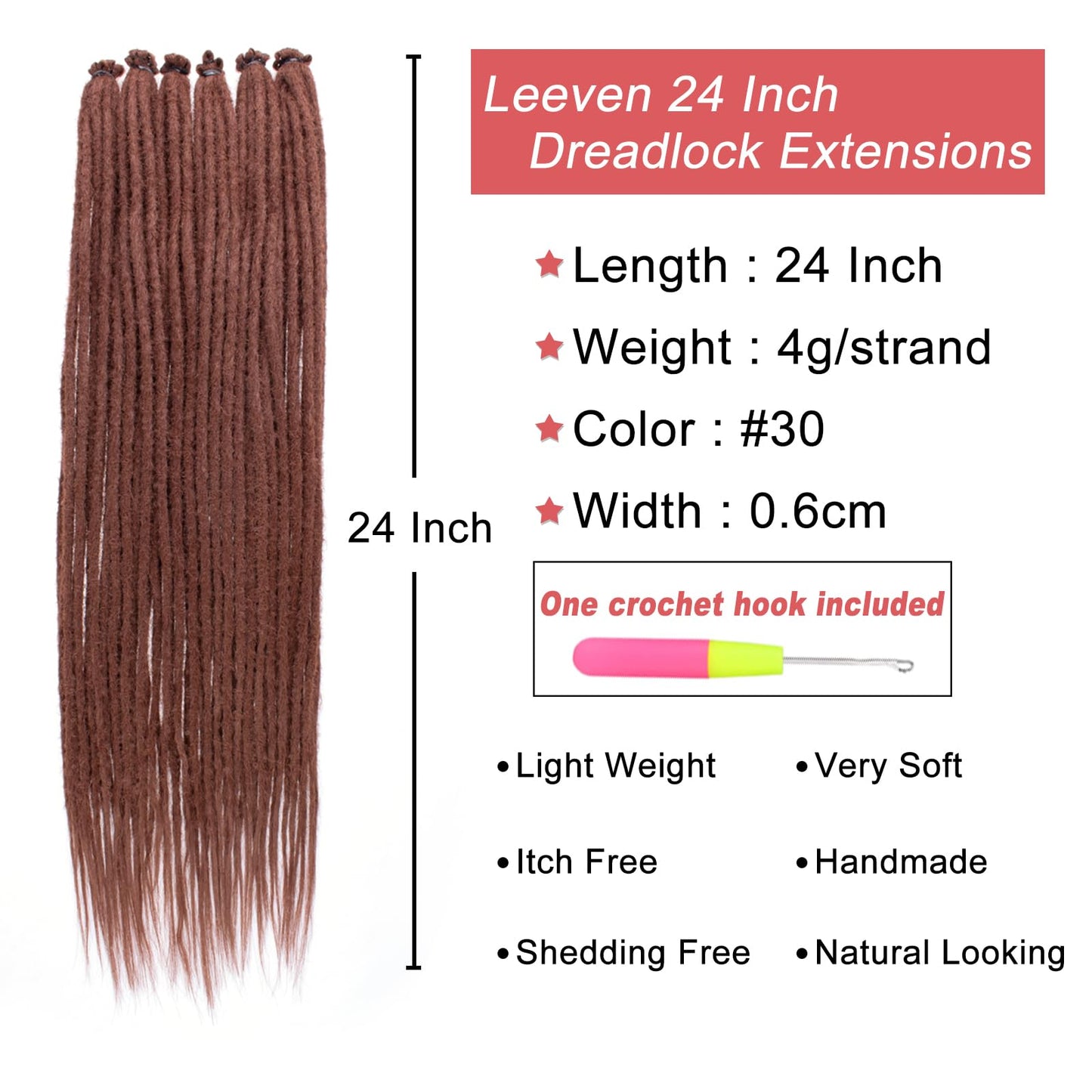 Leeven 40 Strands 24 Inch Dreadlock Extensions Brown Single Ended Hippie Dreads 0.6 cm Width Loc Extensions Reggae Style Synthetic Crochet Hair for Women and Men