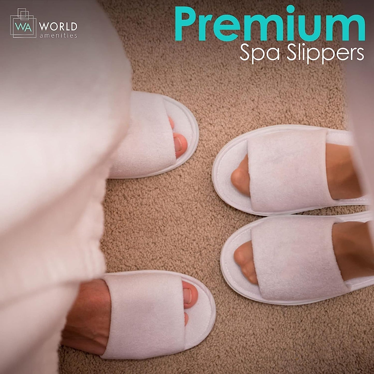 World Amenities | Premium Spa Slippers Bulk Unisex | Open Toe, Individually Wrapped | Hotel Slippers Travel Amenities Ultra Soft, Disposable Guest Slippers