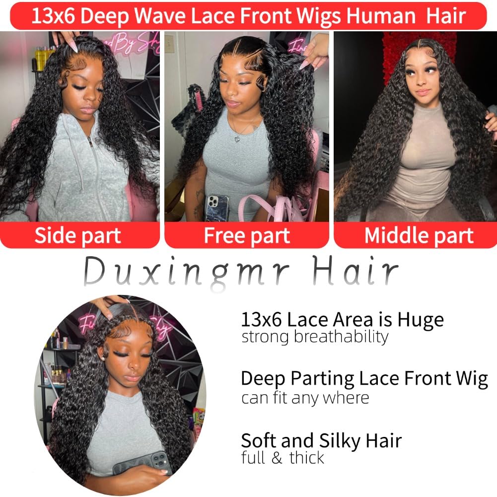 13x6 Deep Wave Lace Front Wigs Human Hair 200 Density Pre Plucked Glueless HD Transparent Lace Front Wigs Human Hair 20 Inch Deep Wig Brazilian Lace Frontal Wigs with Baby Hair Free Part