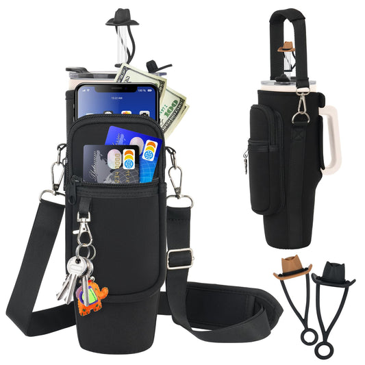 Water Bottle Carrier Bag with Phone Pocket and 2 Straw Covers Compatible with Stanley/Meoky/BrüMate 40 oz Tumbler with Handle,Water Bottle Holder with Adjustable Strap Fits for Stanley Cup Accessories