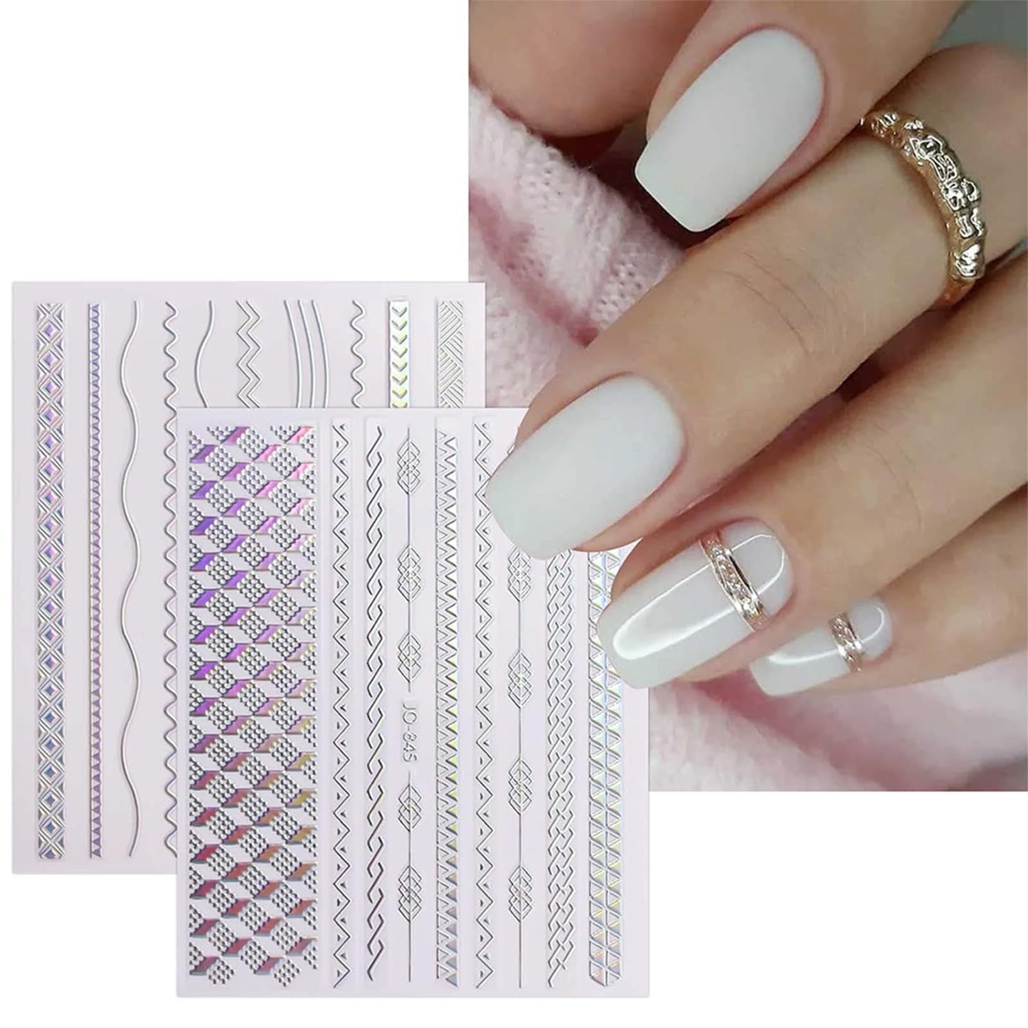 12 Sheets Star Nail Stickers Decals Silver Heart Nail Stickers Geometric Line Nail Decals for Nail Art 3D Self Adhesive Holographic Stripe Nail Designs for Women Nail Art Supplies Decorations