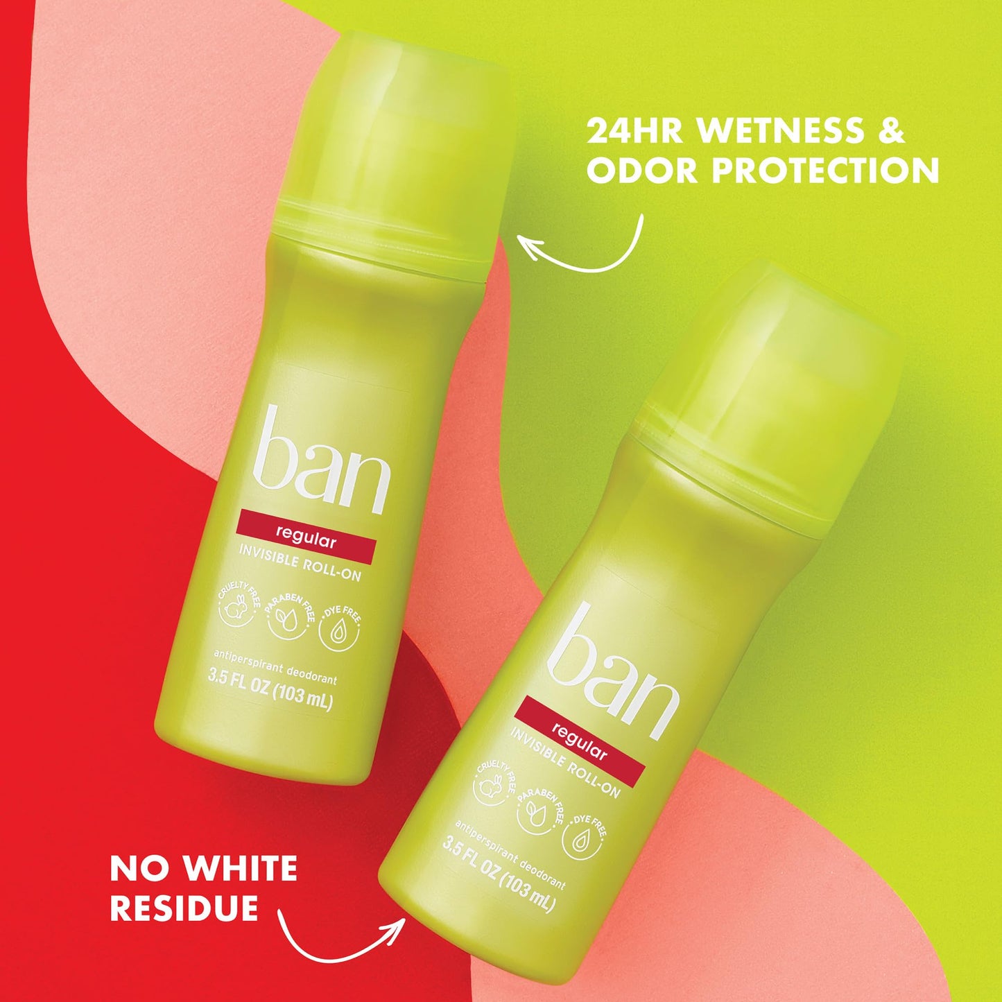 Ban Invisible Roll-on Antiperspirant Deodorant for Women and Men, 24-hour Underarm Odor & Sweat Protection, Regular Scent, 3.5 Oz, Pack of 4