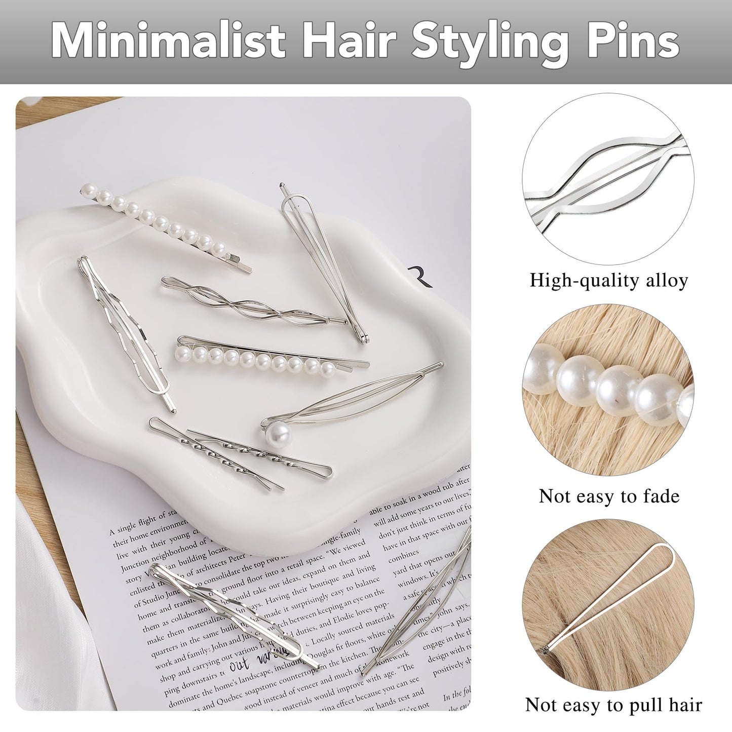 16 Pieces Geometric Metal Hair Pins, Silver Hair Pins Pearls Hair Clips Hair Barrettes Metal Bobby Pins for Woman Girls