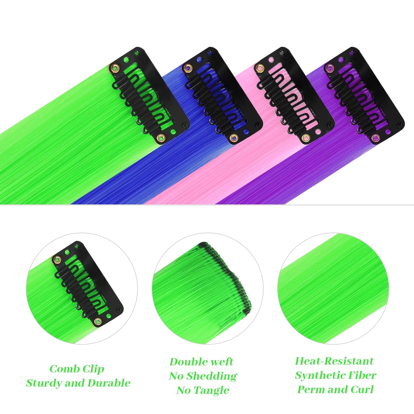 YaFex 12 Pcs Clip in Hair Extensions, 22 Inch Colored Hair Extensions Party Highlights Long Straight Synthetic Hairpieces for Women Kids Girls (Bright Green)