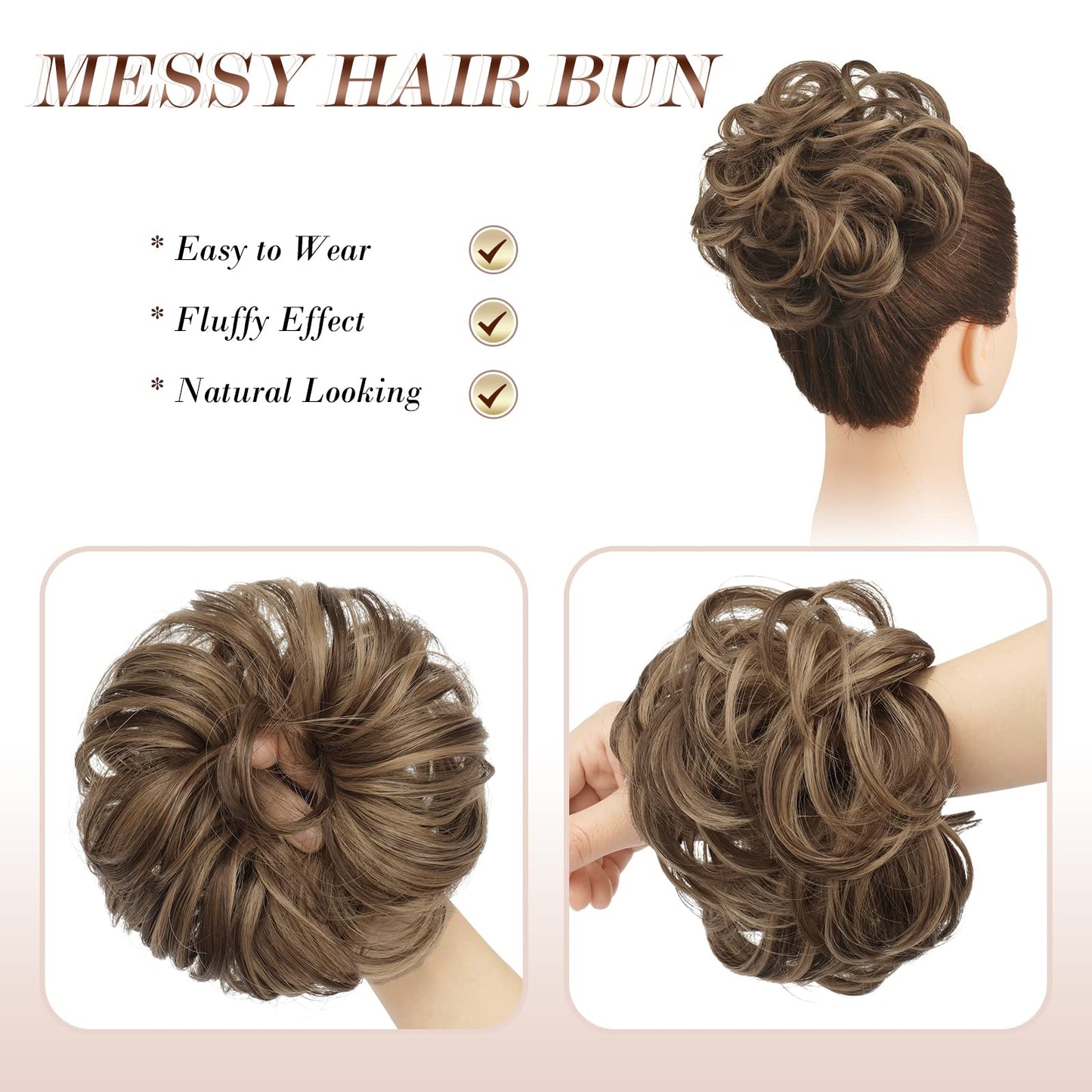 FESHFEN Messy Bun Hair Piece - Large Wavy Curly Elastic Hair Bun Scrunchies Ponytail Extensions Synthetic Chignon Hairpieces for Women, Light Ash Brown Mixed Golden Brown 1.94oz
