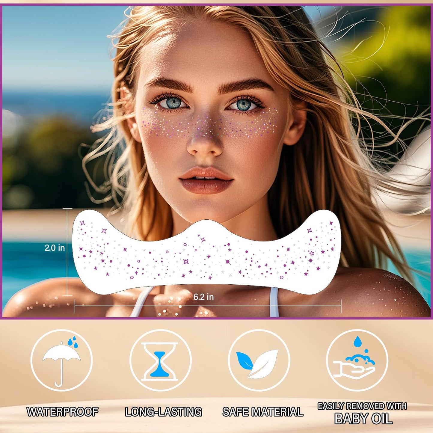 20 Pcs Dual-tone Face Makeup Patches, Purple-silver Glitter Freckles, Glitter Freckles Face Tattoo, Waterproof Face Sparkle Freckles, Long-Lasting 48h Freckles for Women (Purple-silver)