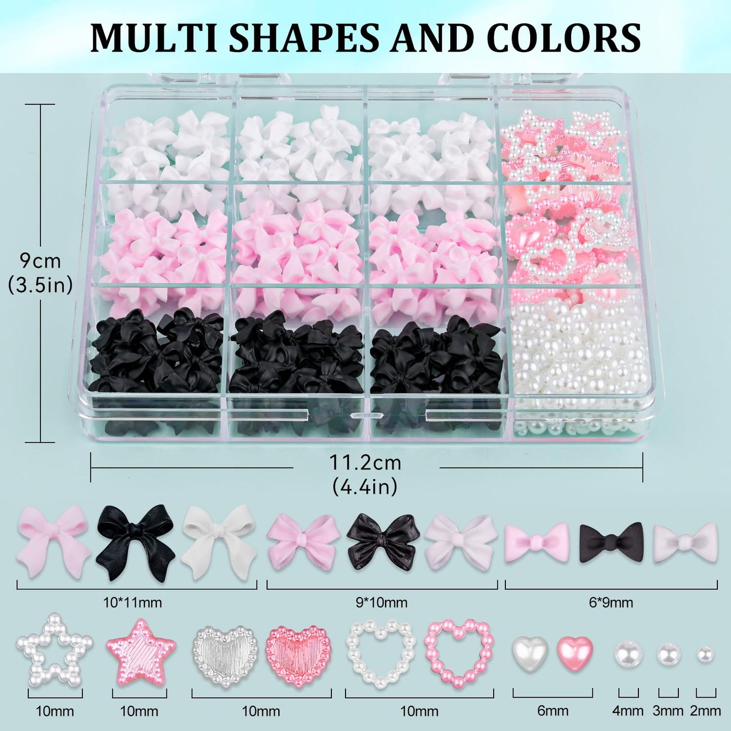 3D Nail Charms and Flatback Pearls #2, 600 Pcs Pink White Black Multi Styles Bowknot Charms + Pink&White Star Heart Nail Jewels + 2-6mm White Nail Pearls for Nail Art Design with Pickup Tools