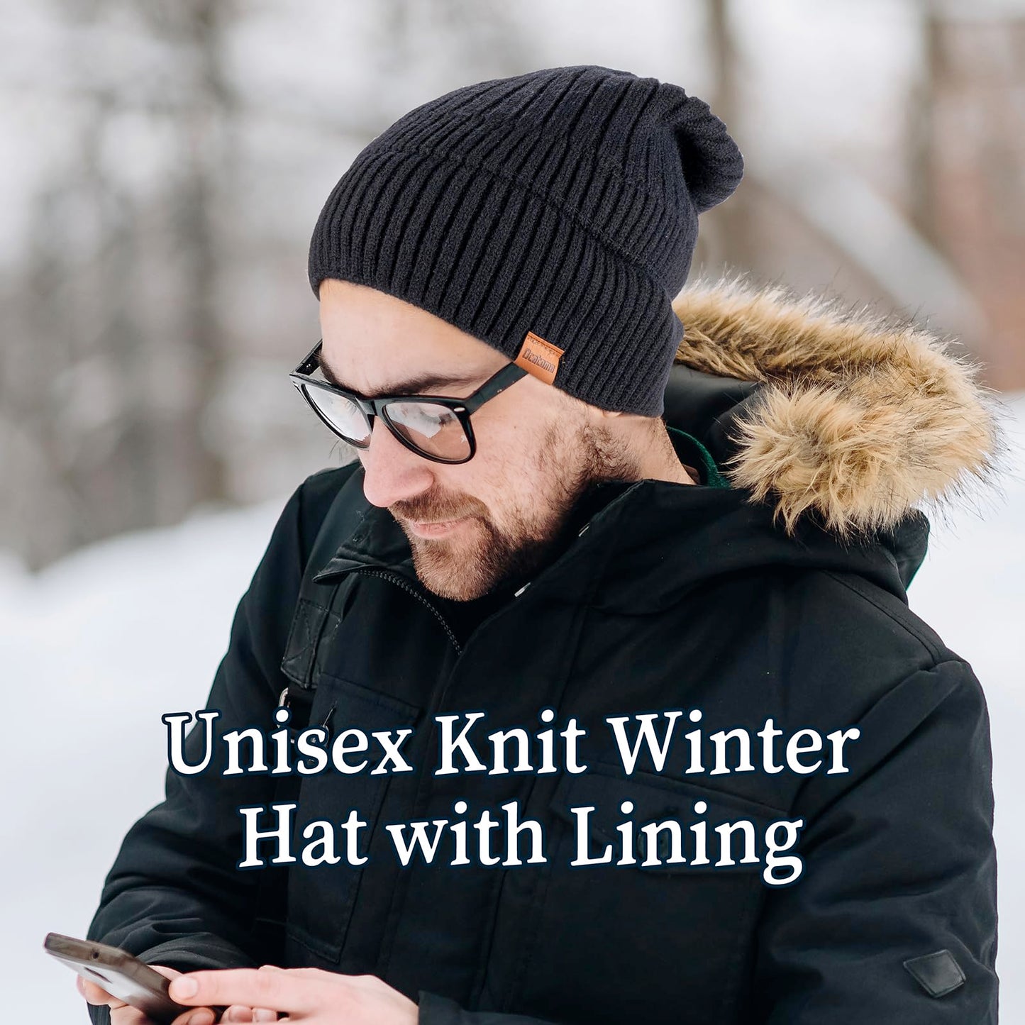 Ocatoma Beanie for Men Women Winter Knitted Cuffed Hat with Warm Lining Soft Ski Hat Unisex Gifts for Men Women Black