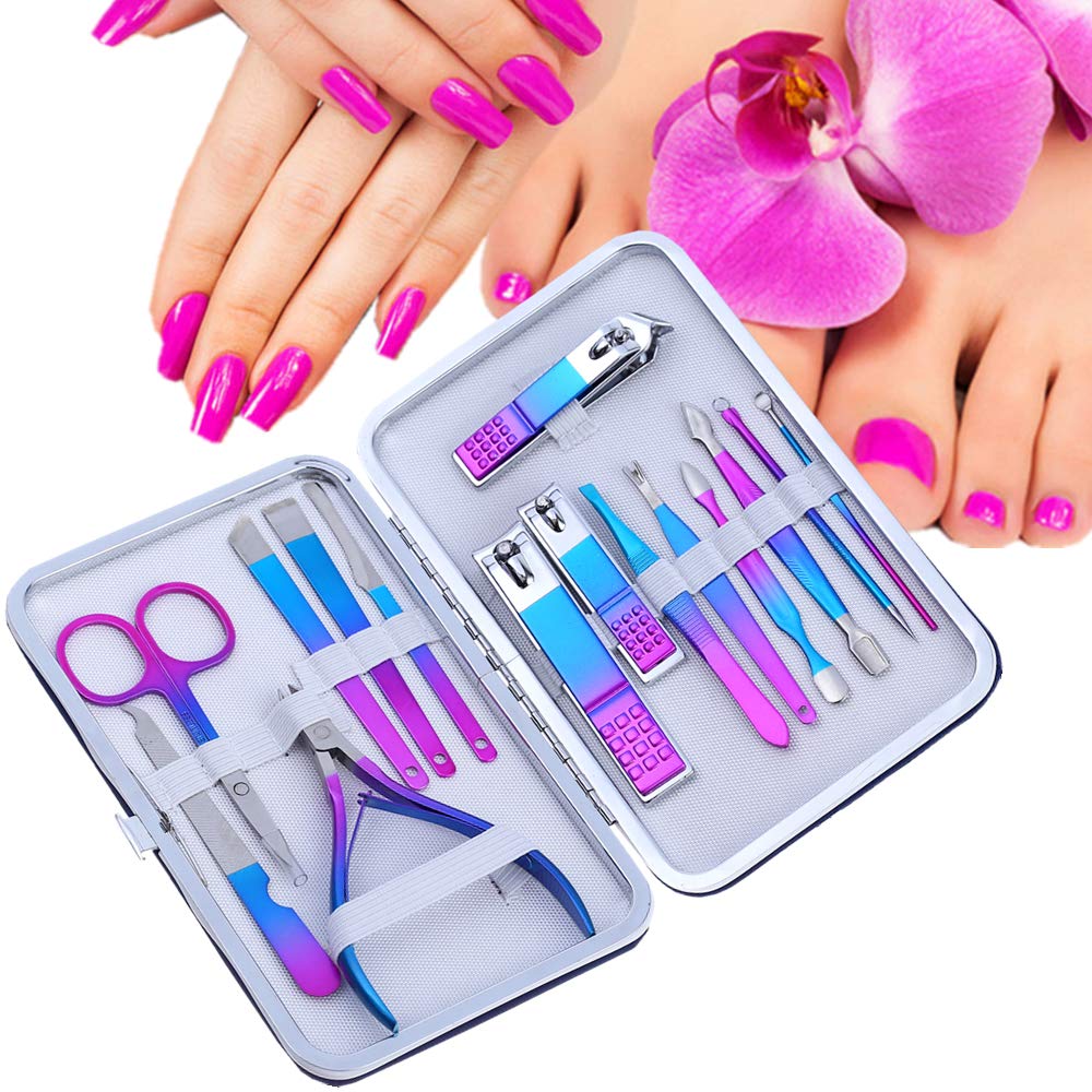 SHICEN Manicure Set, Professional Nail Clippers Kit, Pedicure Care Tools, Professional Women Grooming Kit -Premium Stainless Steel with Blue Travel Case Set 15PC Great Gift(Colorful)
