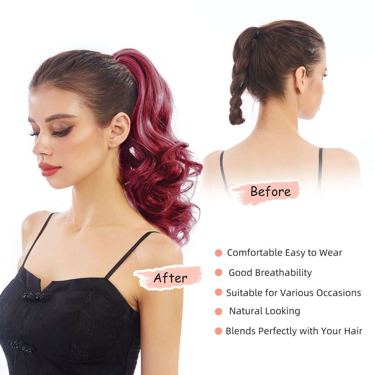 HEWEICSY Ponytail Extension, Hair Extensions Ponytail Claw 14" Wavy Fake Hair Curly Synthetic Ponytail Wig Clip Daily Fluffy Pony Tail Hair Piece for Women(Auburn Brown)