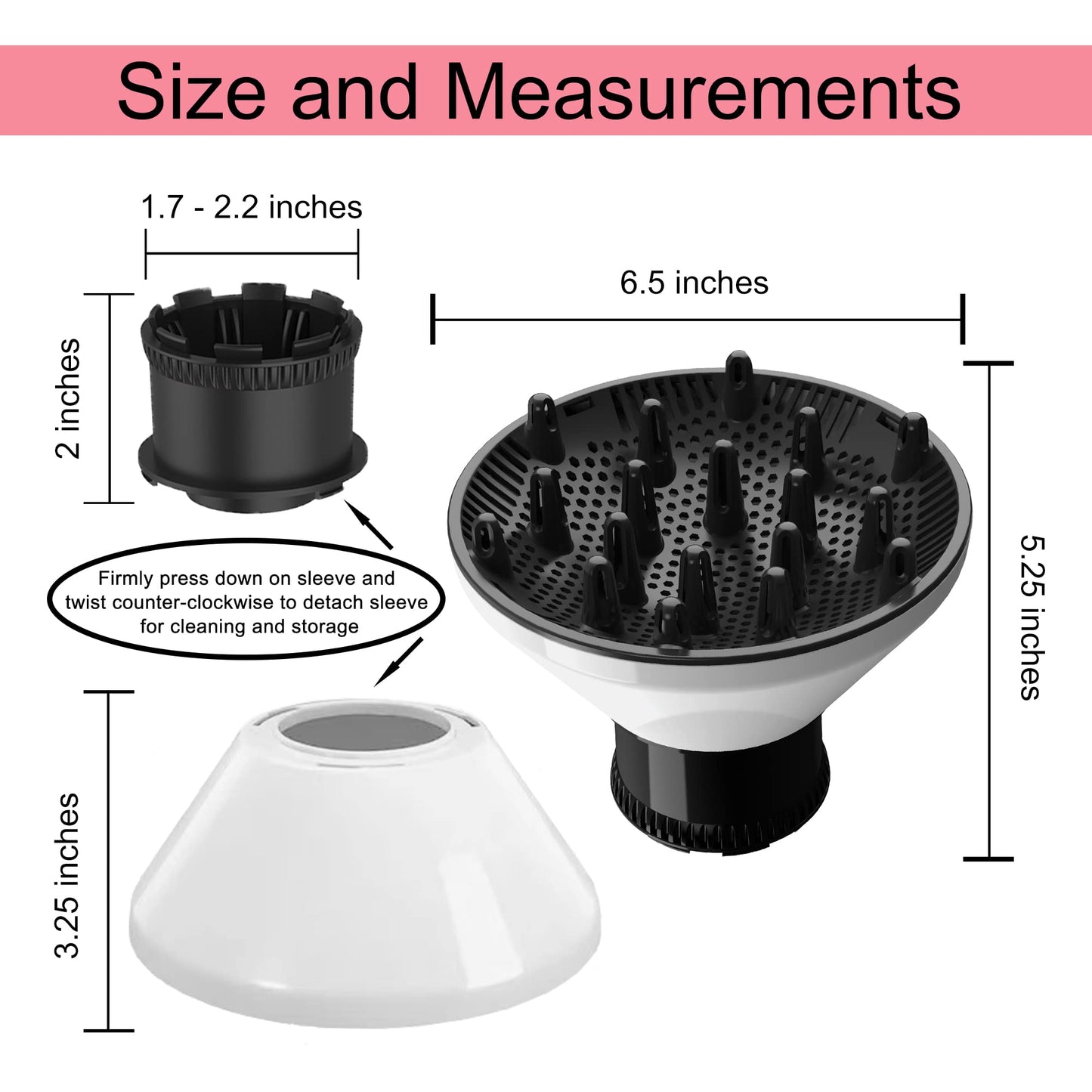 Universal Hair Diffuser Adaptable Hair Dryer Attachment for Blow Dryer Nozzles from 1.7 to 2.2 inch Diameter (White)