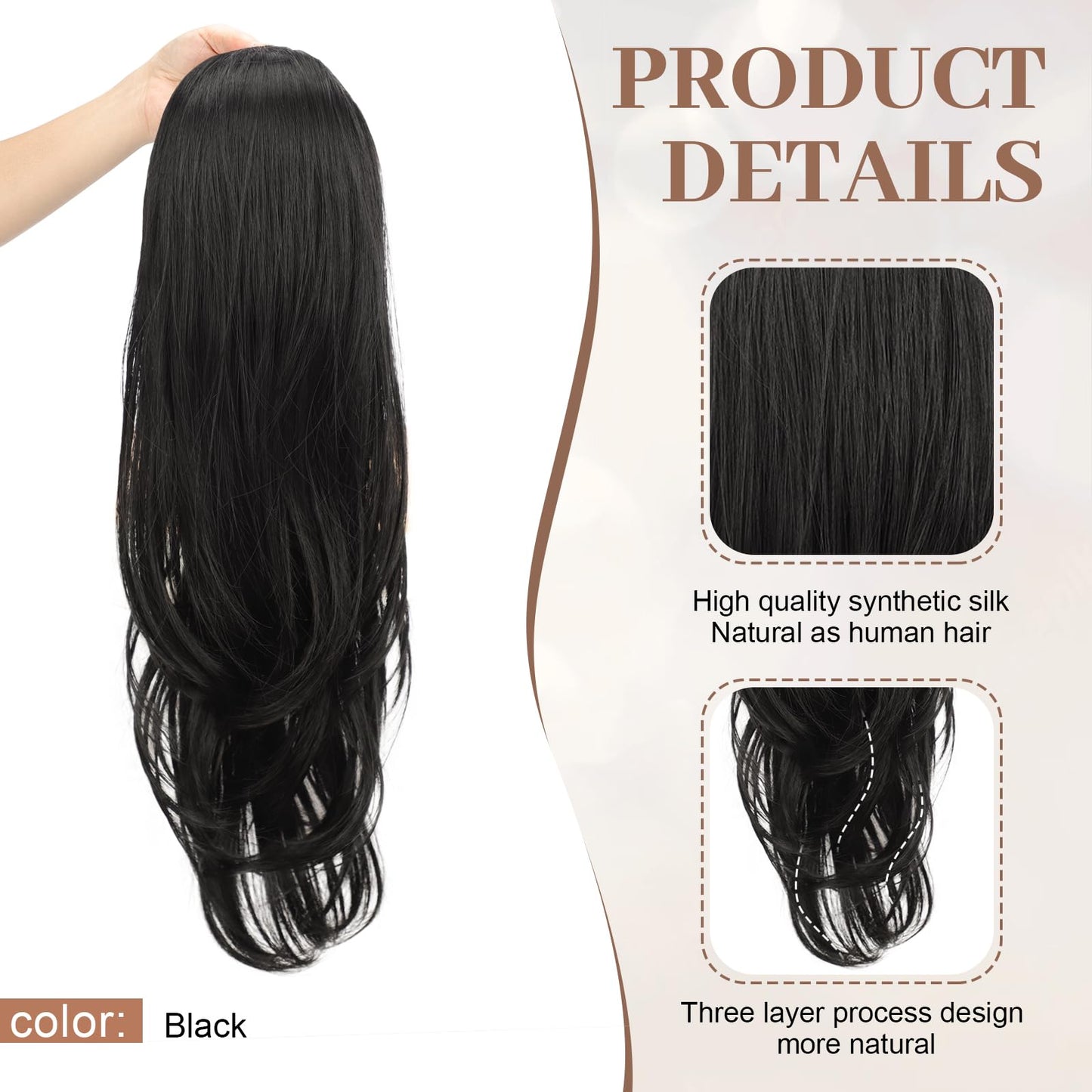 KooKaStyle Ponytail Extensions, 22 inch Black Long Drawstring Wavy Clip in Ponytail Hair Extensions Layered Synthetic Hairpiece for Women