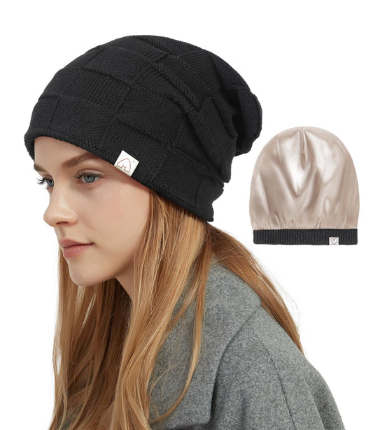Hat Hut Womens Beanie Satin Lined Beanie Winter Hats for Women Men, Silk Lined Slouchy Beanie Hats Soft Warm Ski Hat Unisex (US, Alpha, One Size, Pure Black)