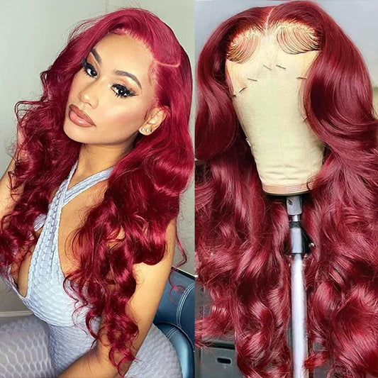 99J Burgundy Wine Red Color Body Wave 13x4 HD Lace Front Glueless Wigs Human Hair Pre Plucked Bleached Knots with Baby Hair Wigs Brazilian Human Hair Natural Hairline Wigs for Women(22Inch)