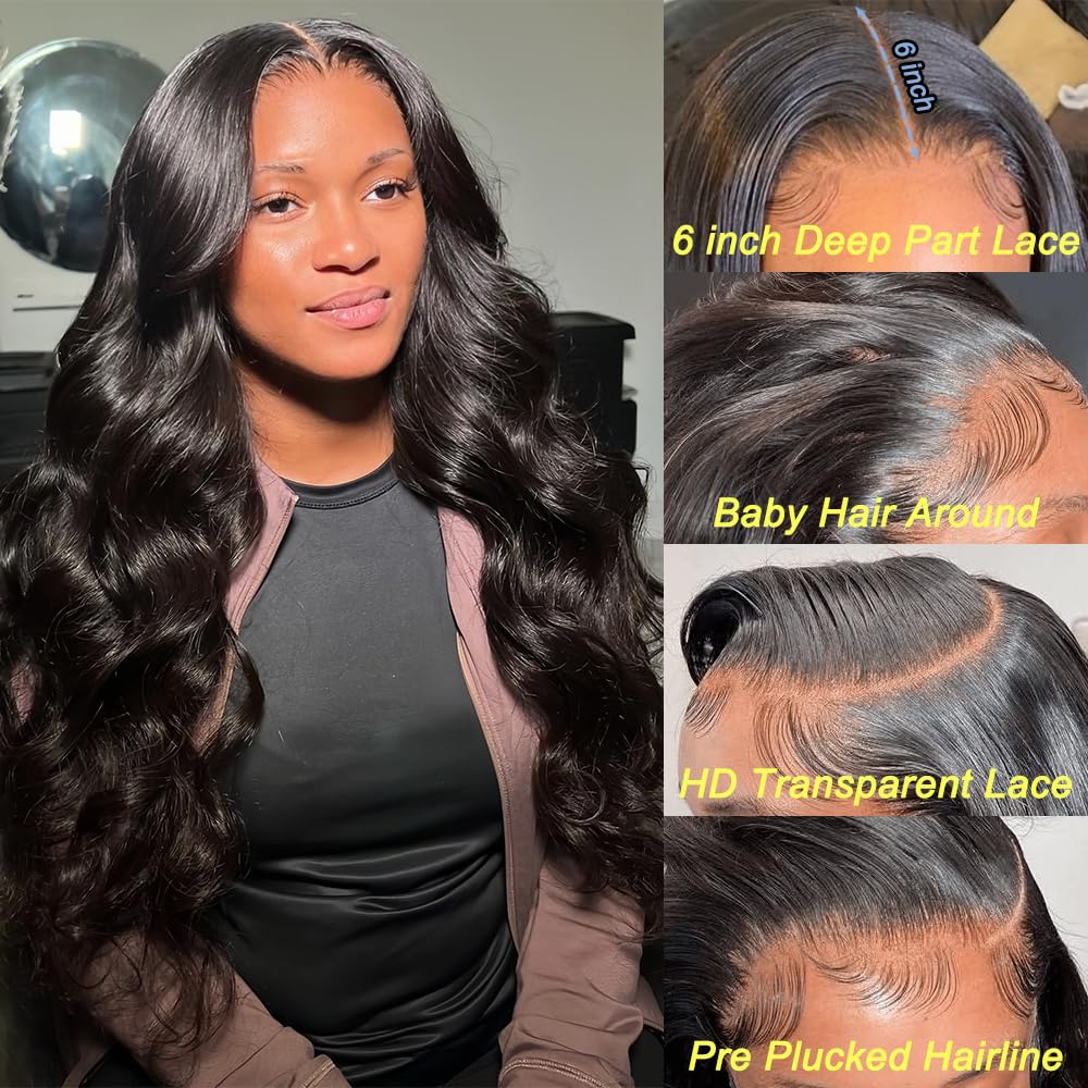 Hailriss Body Wave HD Lace Front Wigs Human Hair Pre Plucked 24 Inch 180% Density 13x6 Glueless Frontal Wigs Human Hair Lace Front Wigs for Black Women Human Hair Natural Black