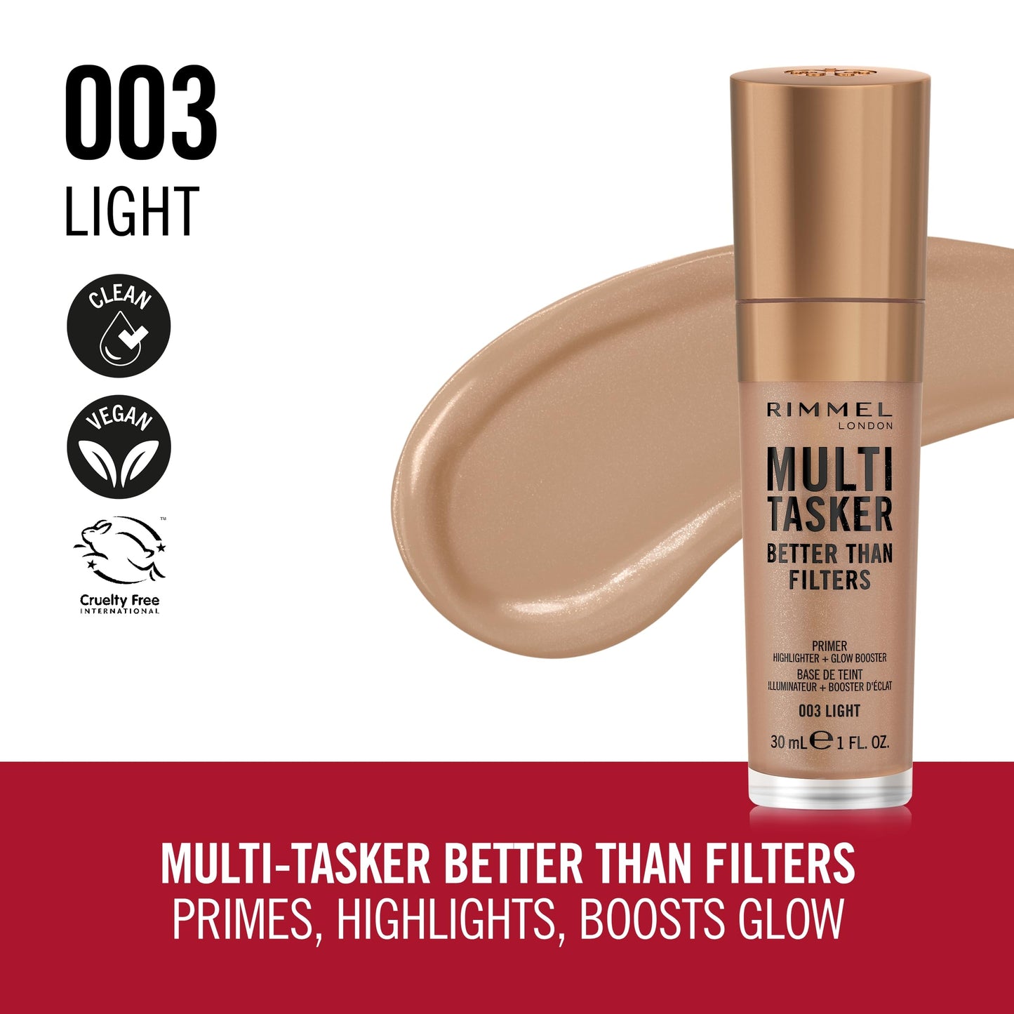 Rimmel Multi-Tasker Better Than Filters, 003 Light, Face Primer, Glow Booster and Highlighter, Vegan Formula, Anti-Ageing Benefits, Light-Reflecting Pigments, Giant Soft-Touch Wand, 1oz