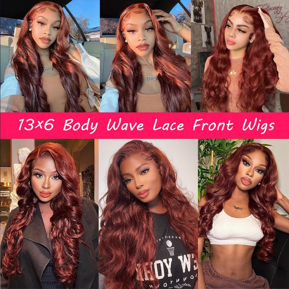 GUART Reddish Brown Lace Front Wigs Human Hair 13x6 Body Wave Lace Front Wigs Human Hair Pre Plucked Auburn Colored Wigs Human Hair 180% Density Hd Lace Frontal Wigs Human Hair 24 Inch