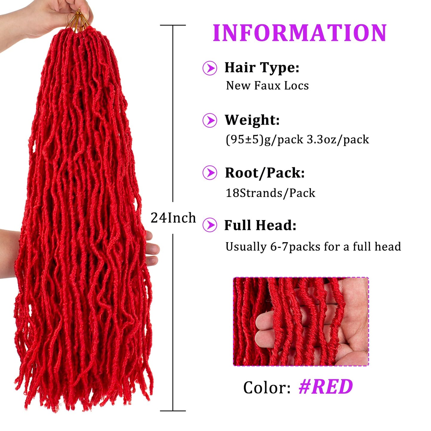 ZRQ 24 Inch 2Packs Red New Faux Locs Hair for Butterfly Locs Style, Goddess Locs Crochet Braids Curly Wavy Soft Locs Synthetic Hair Extensions for Women (24 Inch, RED#)