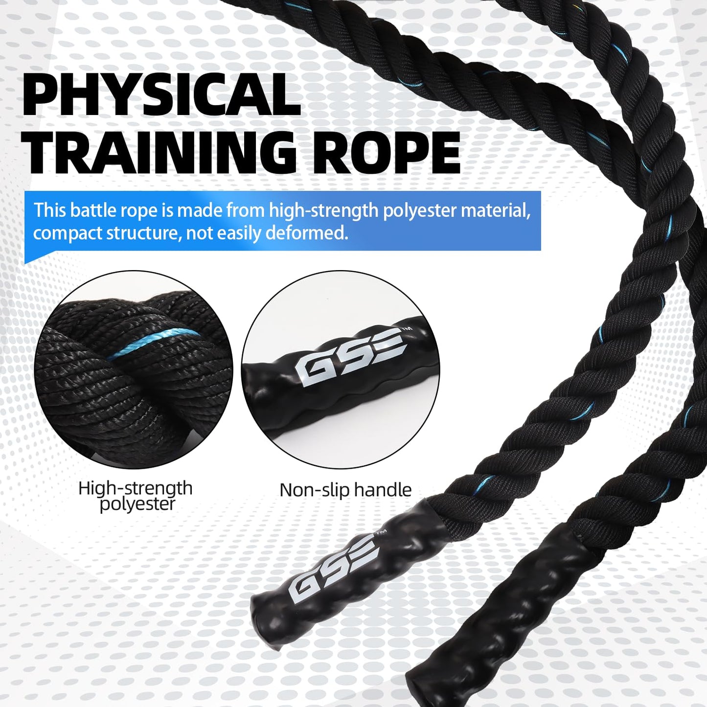 GSE Games & Sports Expert Gym Battle Rope, Heavy-Duty Workout Ropes for Indoor & Outdoor Workout. Exercise Rope for Strength Training - 30,40,50 Feet Lengths Available