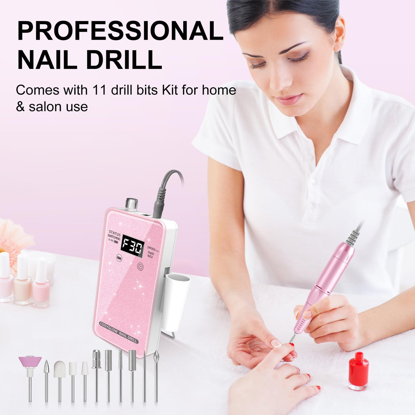 Professional Electric Nail Drill File:COSYGLOW Glitter Portable Cordless E-File Nail Drill Kit with 11 Nail Drill Bits,30000 RPM Rechargeable Nail Drill Machine for Acrylic Nails Gel Polishing(Pink)