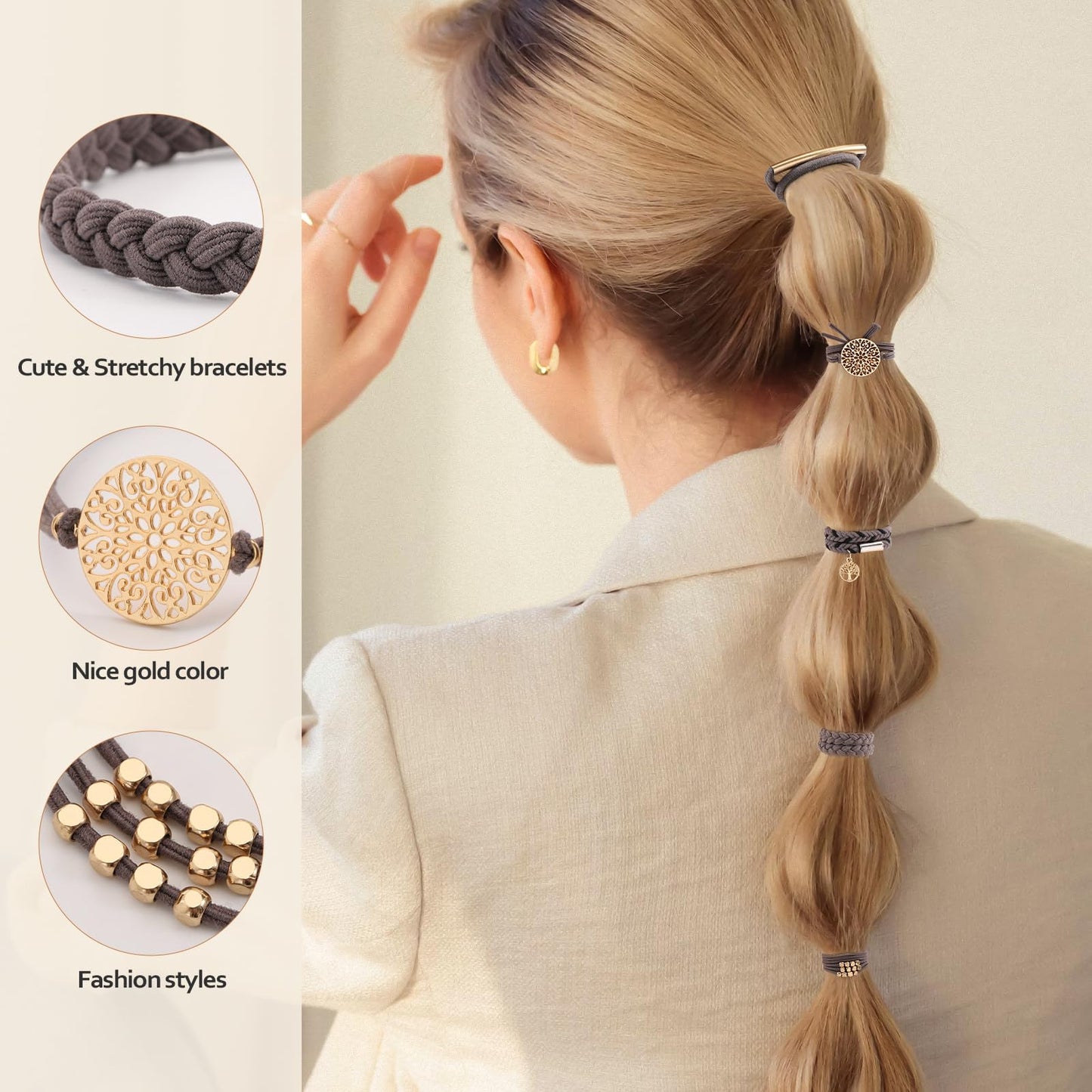 10 PCS Boho Hair Ties - No-Damage, 5 Styles for Thick & Thin Hair, Cute Stretch Bracelets, Braided Ponytail Holders, Grey