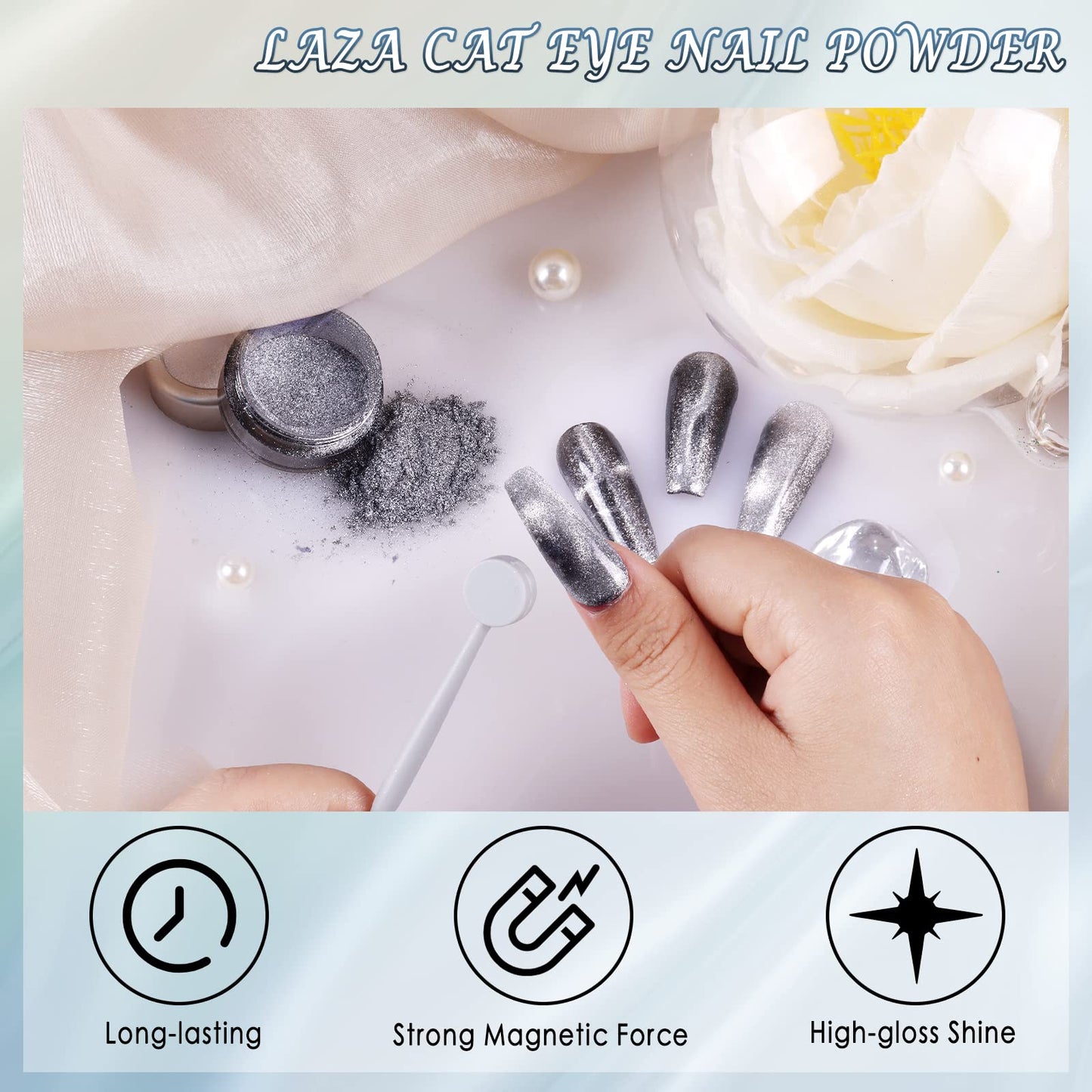 Laza Cat Eye Chrome Nail Powder Chameleon Magnetic Powder 3D Cat Eye Effect Mirror Effect Pigment Dust Magic Galaxy Holographic Effect Glitter with Magnetic Stick for Velvet Nail Art - Vast Galaxy