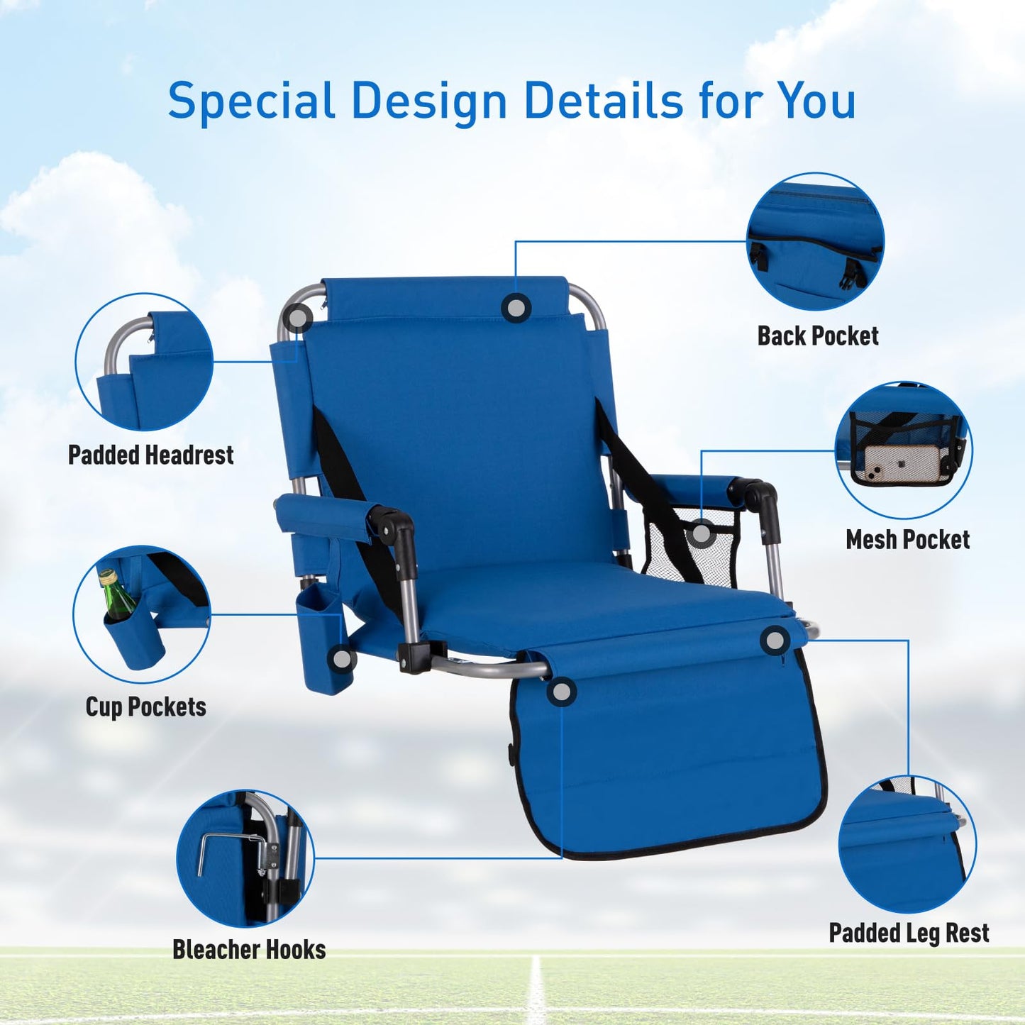 GREEN PARTY Stadium Seats for Bleachers 2 Pack Portable Outdoor Floor Folding Stadium Chair with Armrest, Back Support, Cup Holder, Mesh Bag and Hide Hooks, Blue
