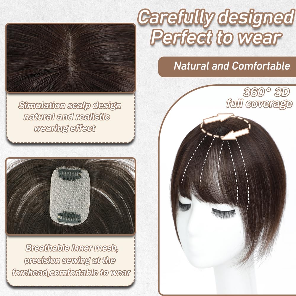 Hair Toppers for Women Real Human Hair, 3D Cover Clip in Bangs Realistic Scalp Line Human Hair Toppers for Women with Thinning Upgrade Basement with Wispy Bangs (Mocha Brown, French)
