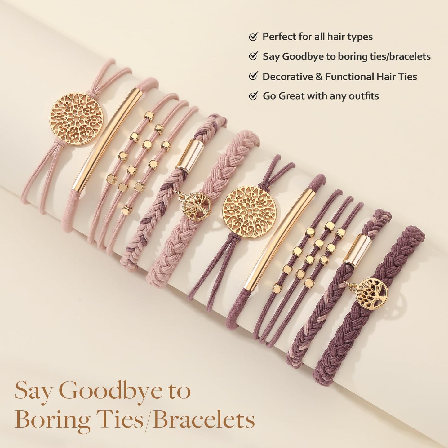 10 PCS Hair Ties Bracelets, Boho Hair Ties for Thick & Thin Hair, Cute Stretch Bracelets, Braided Hair Ties for Ponytail Holders, 5 Styles Hair Ties No-Damage, Pink