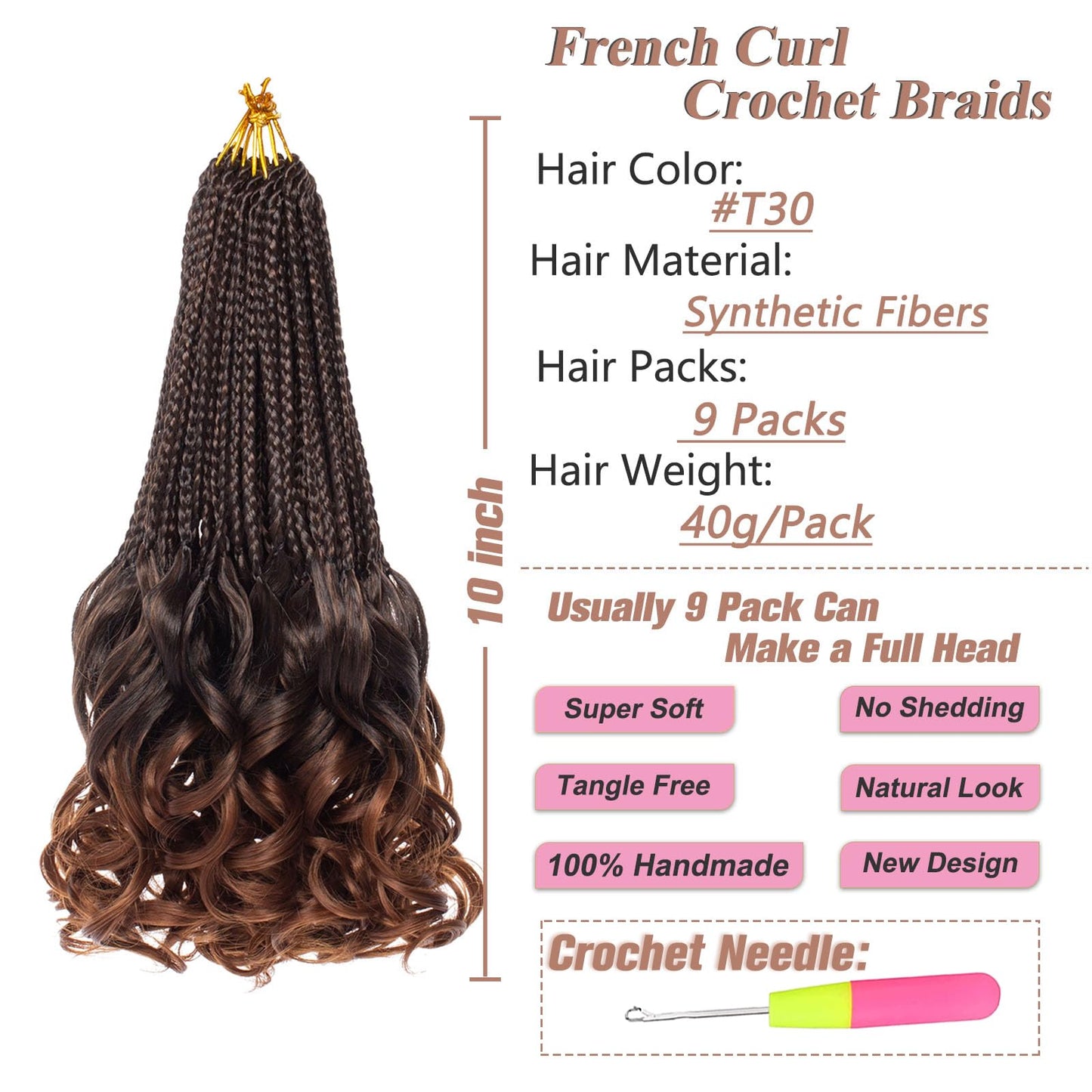 RuiYok 9 Packs French Curl Crochet Braids 10 Inch Ombre Brown Goddess Box Braids Crochet Hair with Curly Ends Synthetic Pre Looped Crochet Box Braids for Women