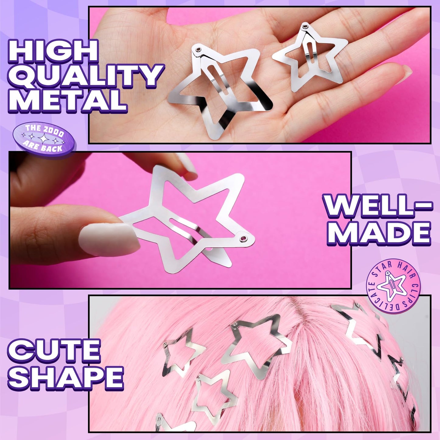 YGDZ Star Hair Clips and Barrettes Set - 20 pcs 1.22" Y2K Hair Accessories, 10 pcs 1.61" Silver Clips for Girls Women, Rave Accessories, Non-Slip Metal Snap Hair Clips
