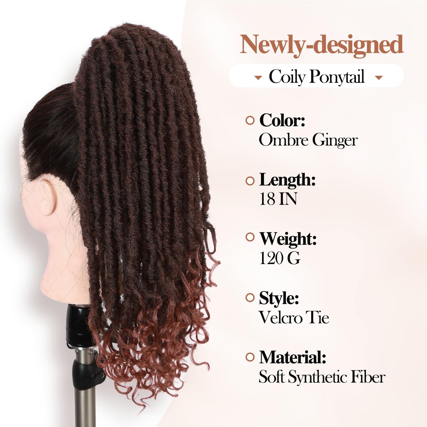 WIGER Ombre Ginger Medium Length Coily Curly Ponytails Clip In Dreadlock Ponytail Extensions Faux Locs Twisted Hairpiece for Black Women Goddess Locs Wrap Around Synthetic Fake Pony Hair