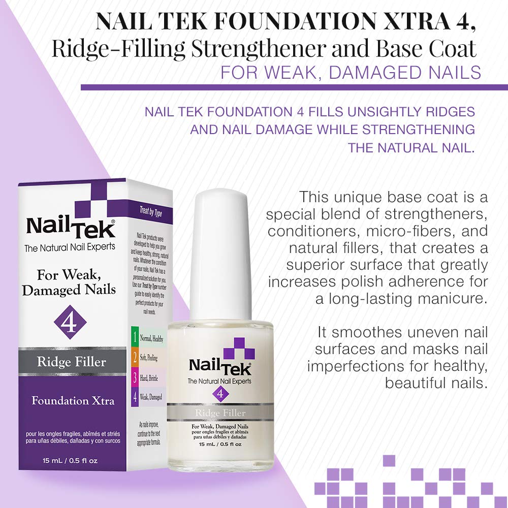 Nail Tek Xtra 4 Ridge Filling Nail Strengthener Base Coat, Nail Polish Repair Treatment for Weak and Damaged Nails, 0.5 oz, 1-Pack