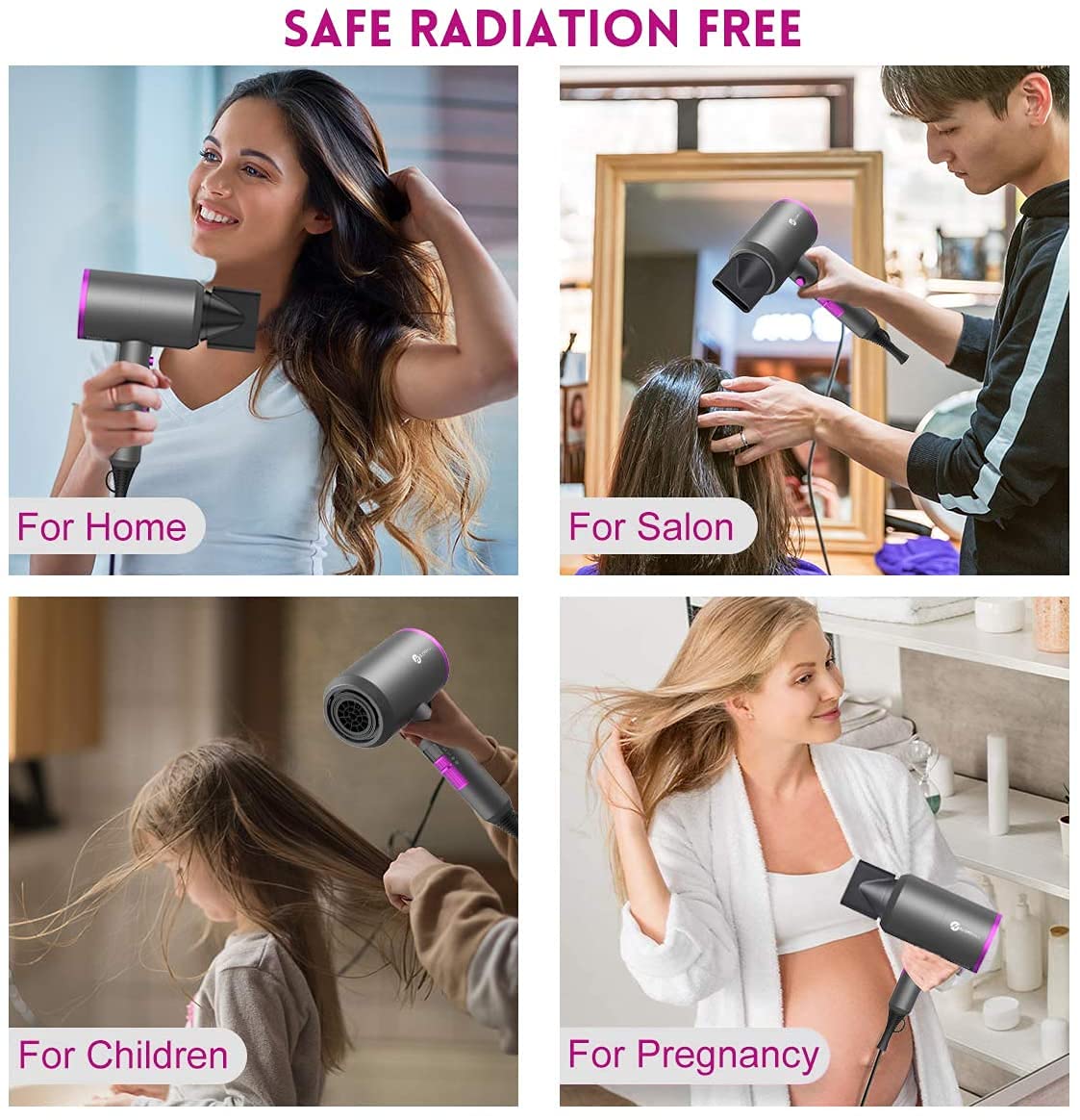 Slopehill Professional Ionic Hair Dryer, Powerful 1800W Fast Drying Low Noise Blow Dryer with 2 Concentrator Nozzle 1 Diffuser Attachments for Home Salon Travel