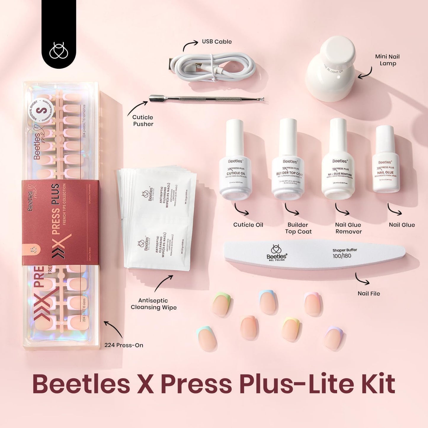 Beetles X Press Plus Lite Kit Pastel Press on Nails 224 pcs Short Square Spring Press on Nails with Nail Glue Builder Top Coat Nail Remover 16 Sizes Squoval Pastel French Tips for Women