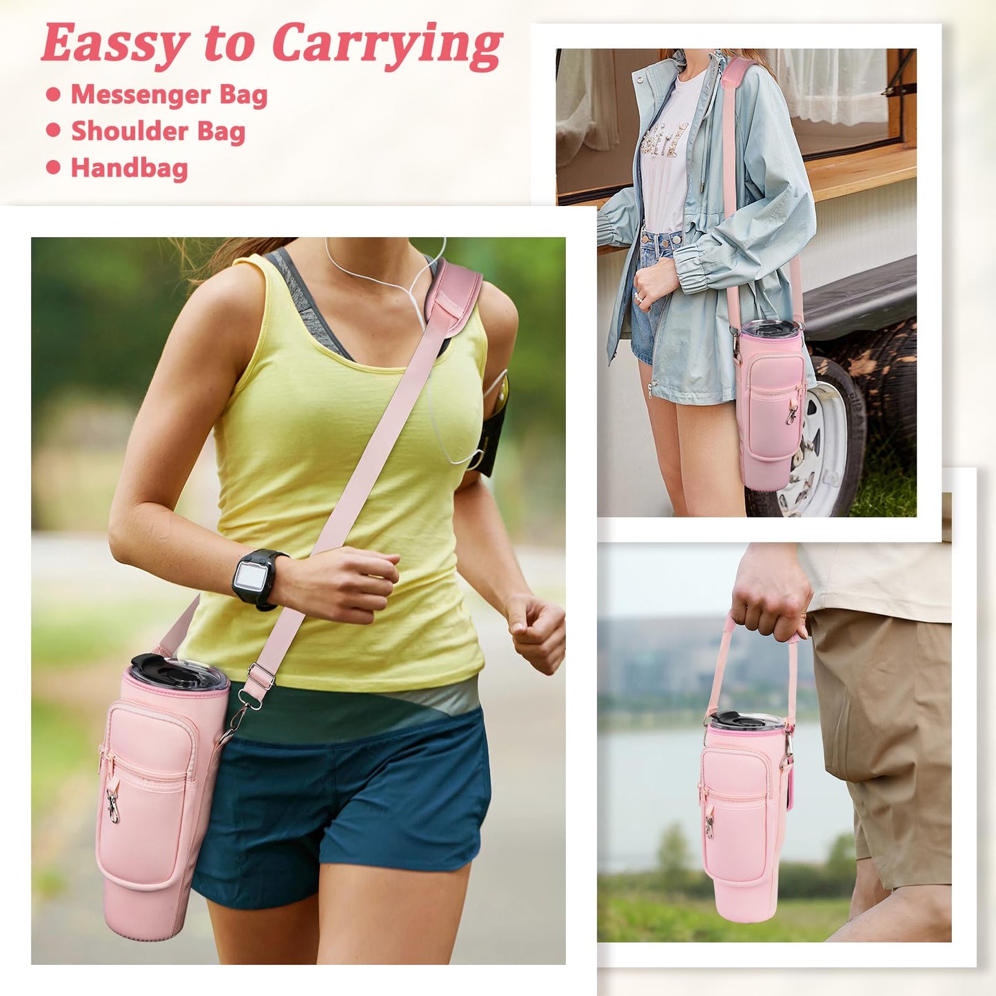Water Bottle Carrier Bag with Phone Pocket and 2 Straw Covers Compatible with Stanley/Meoky/BrüMate 40 oz Tumbler with Handle,Water Bottle Holder with Adjustable Strap Fits for Stanley Cup Accessories