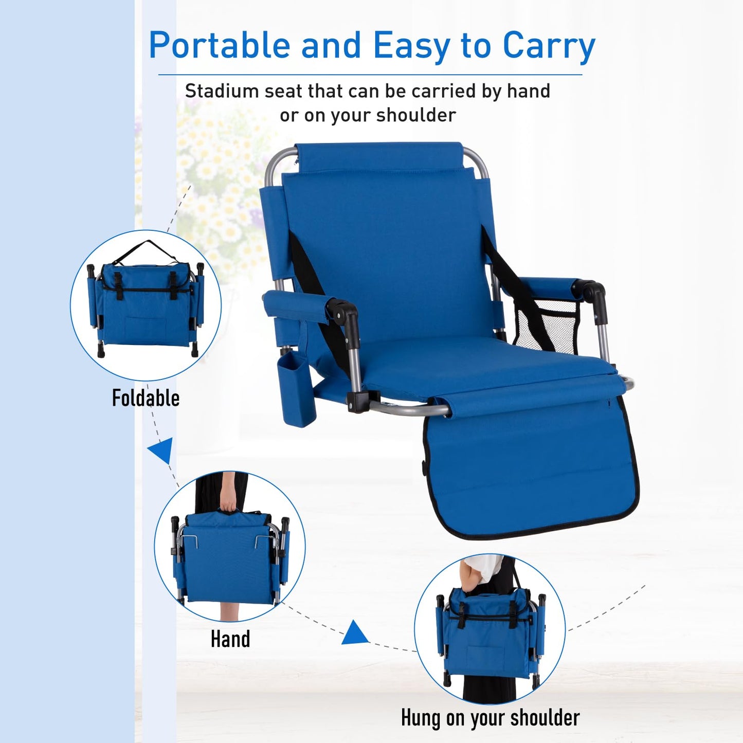 GREEN PARTY Stadium Seats for Bleachers 2 Pack Portable Outdoor Floor Folding Stadium Chair with Armrest, Back Support, Cup Holder, Mesh Bag and Hide Hooks, Blue