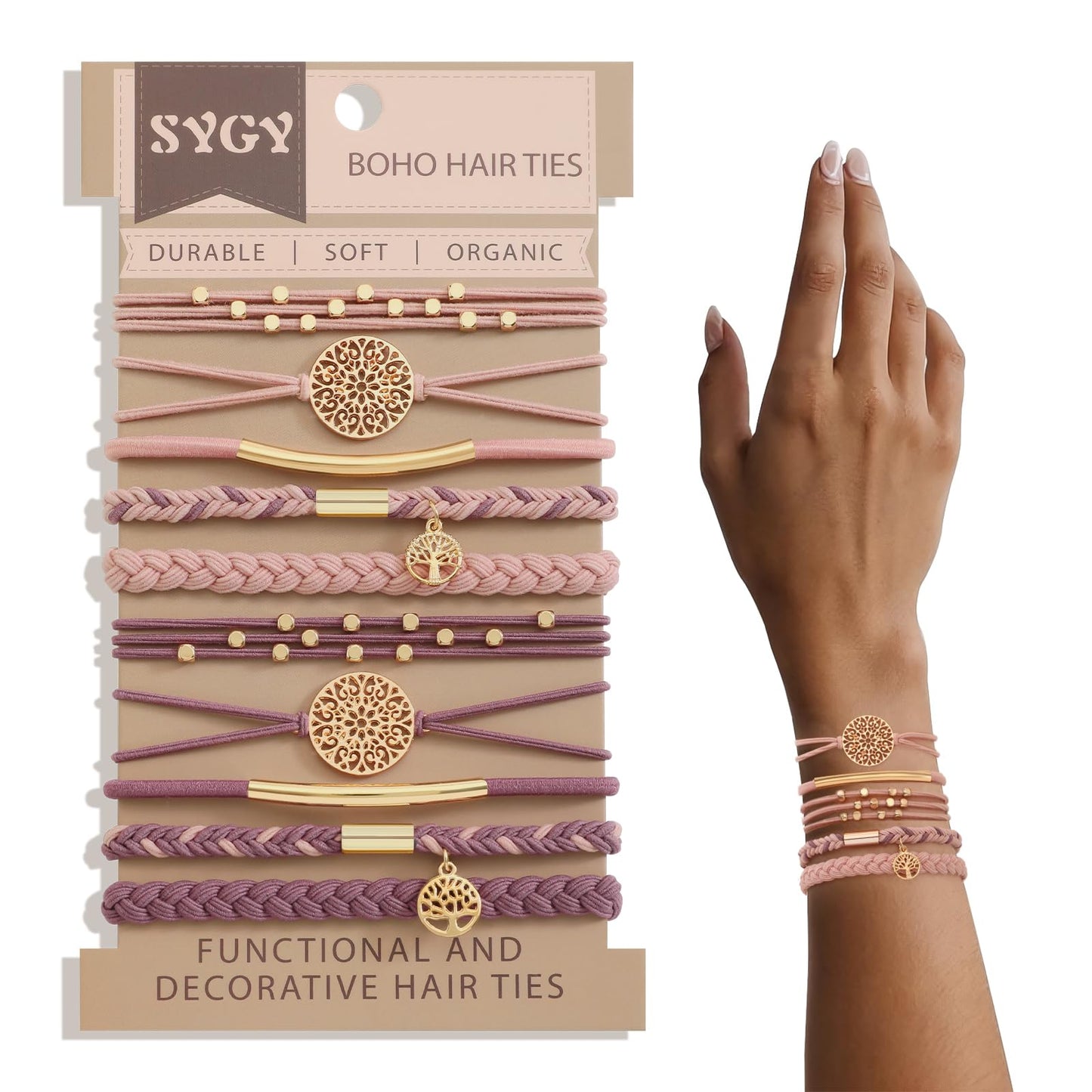 10 PCS Hair Ties Bracelets, Boho Hair Ties for Thick & Thin Hair, Cute Stretch Bracelets, Braided Hair Ties for Ponytail Holders, 5 Styles Hair Ties No-Damage, Pink