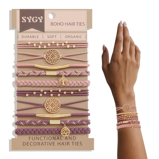 10 PCS Hair Ties Bracelets, Boho Hair Ties for Thick & Thin Hair, Cute Stretch Bracelets, Braided Hair Ties for Ponytail Holders, 5 Styles Hair Ties No-Damage, Pink