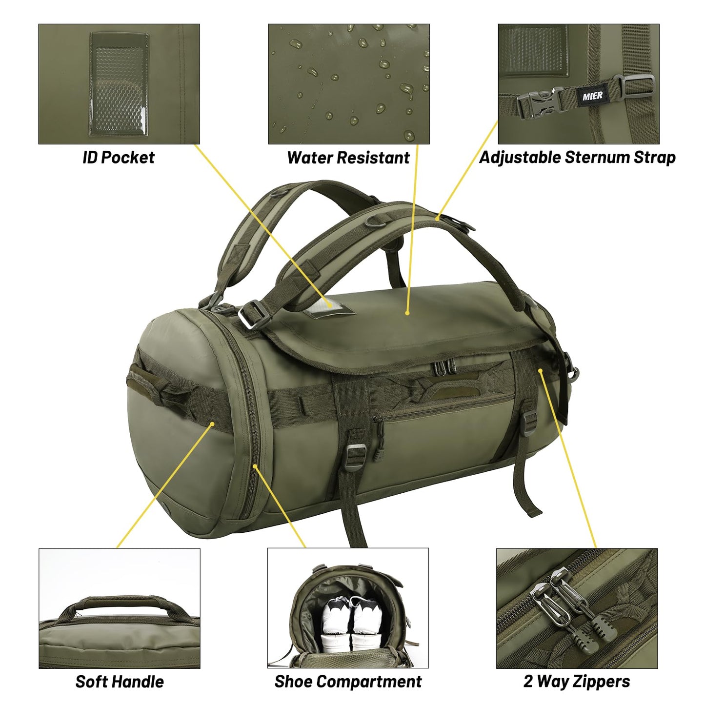 MIER Large Duffel Backpack Sports Gym Bag with Shoe Compartment, Heavy Duty and Water Resistant, Dark Green, 45L